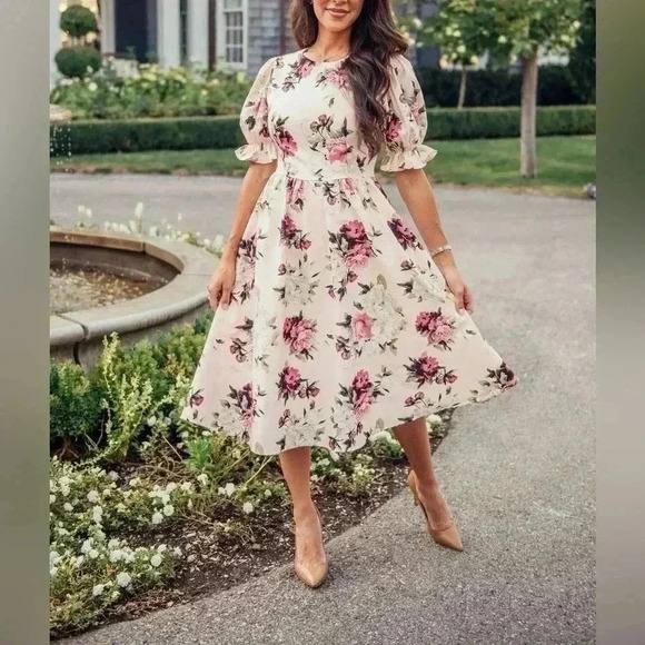 NWT Jessakae Pink Floral Cottagecore Puff Sleeve Rosewood Acre Midi Dress XL - Picture 1 of 8